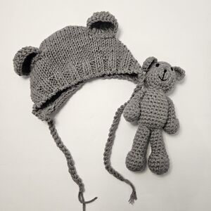 Newborn Photography Handmade Gray Knit Bear Hat and Toy Plushie Set